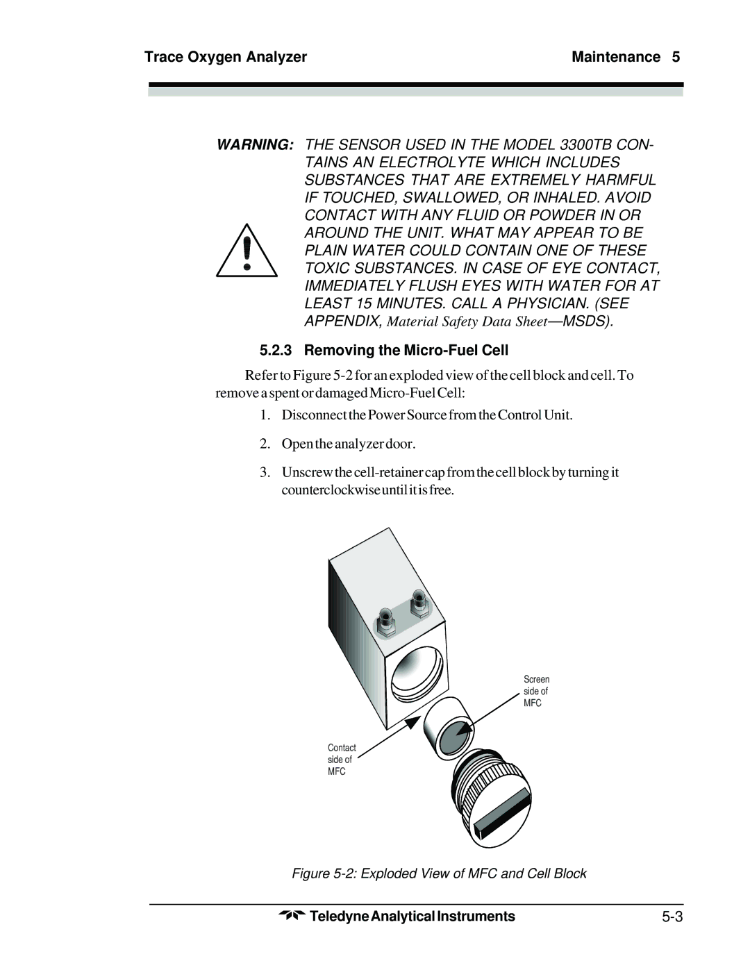 Teledyne 3300TB operating instructions Removing the Micro-Fuel Cell, Exploded View of MFC and Cell Block 