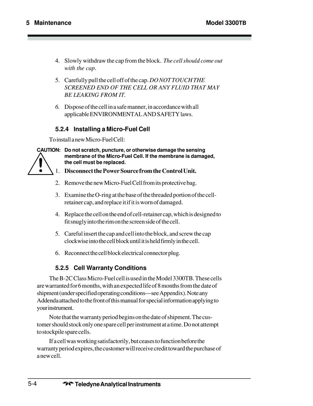 Teledyne 3300TB Installing a Micro-Fuel Cell, Disconnect the Power Source from the Control Unit, Cell Warranty Conditions 