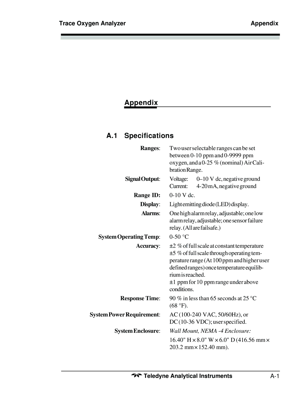 Teledyne 3300TB operating instructions Appendix Specifications, Trace Oxygen Analyzer Appendix 