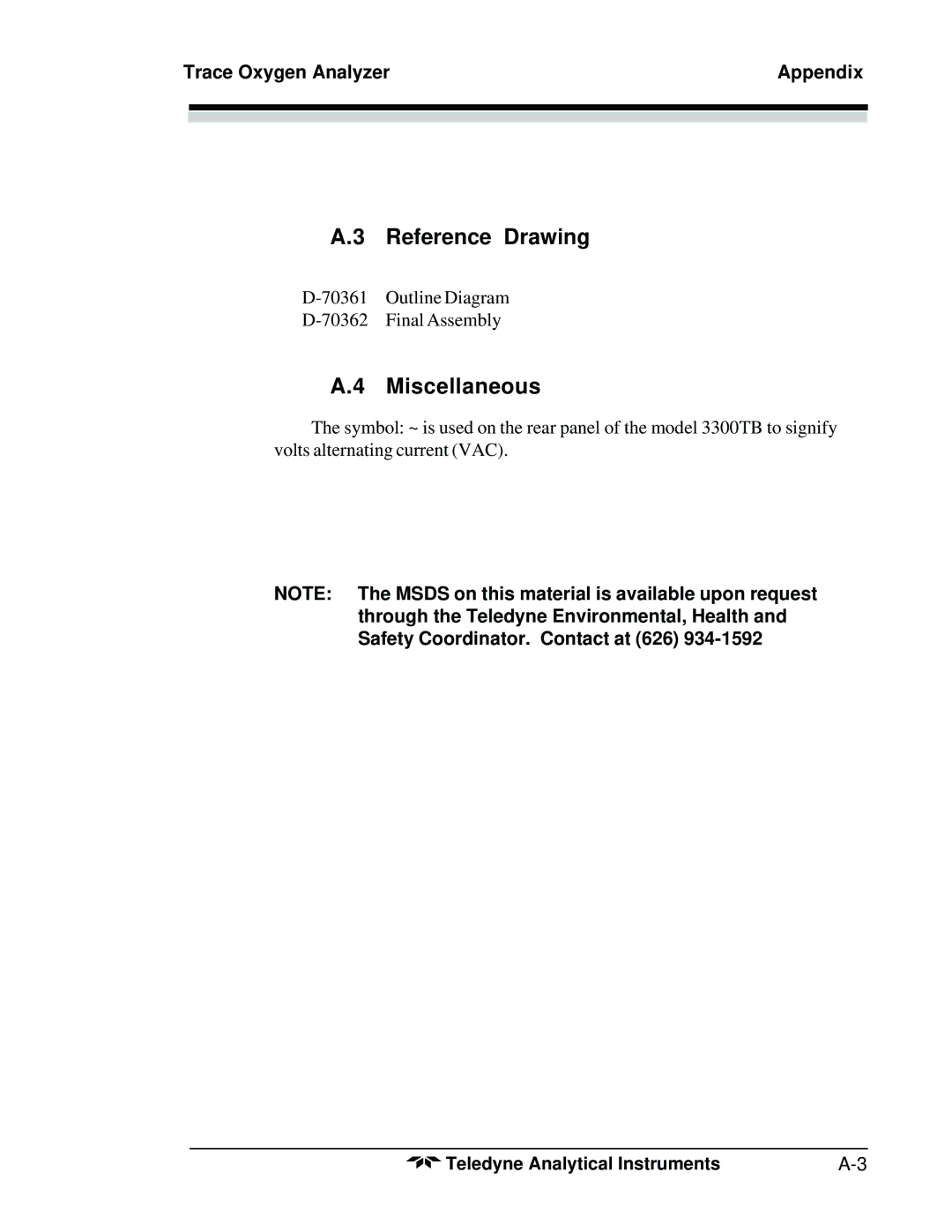 Teledyne 3300TB operating instructions Reference Drawing, Miscellaneous 