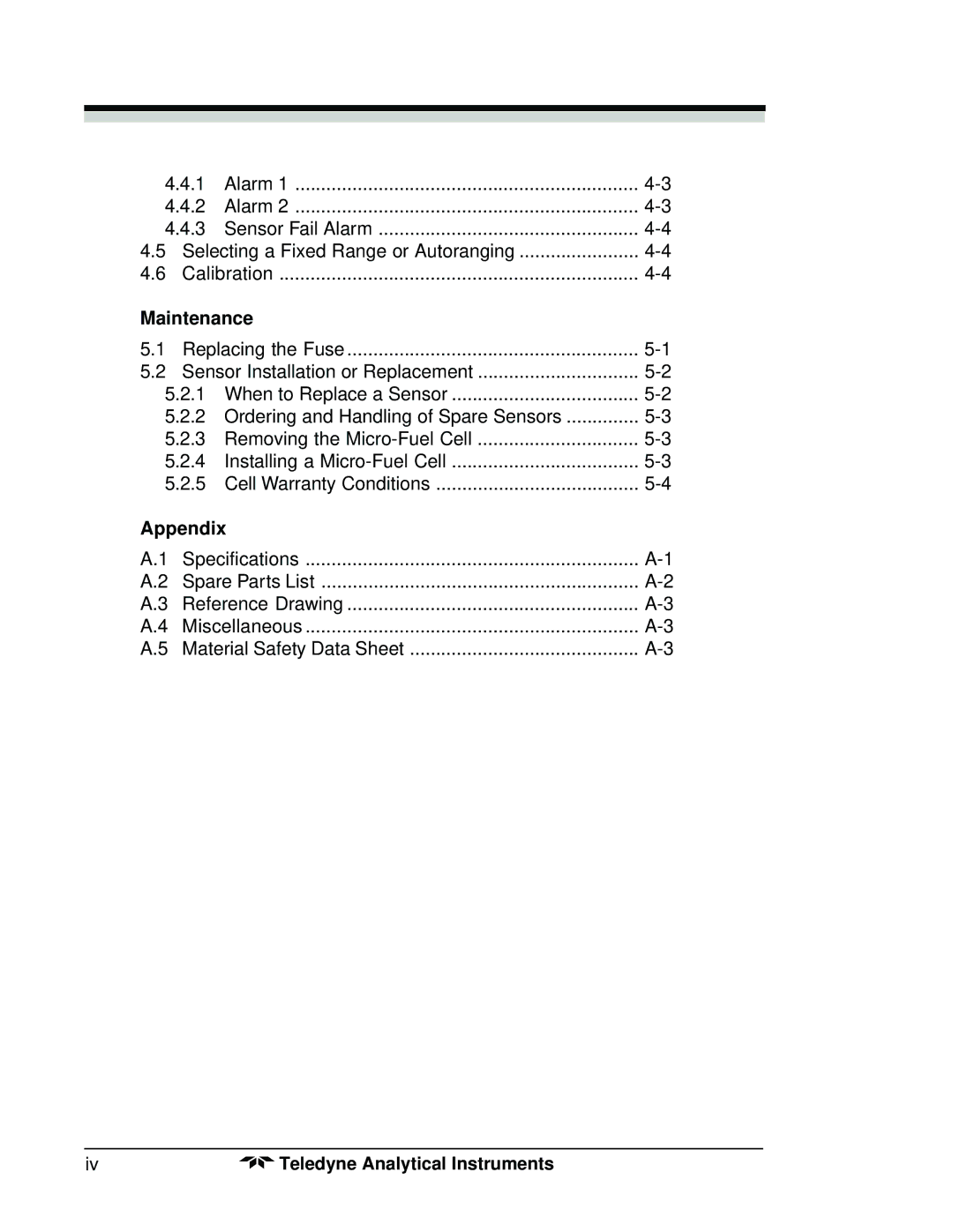 Teledyne 3300TB operating instructions Maintenance, Appendix 