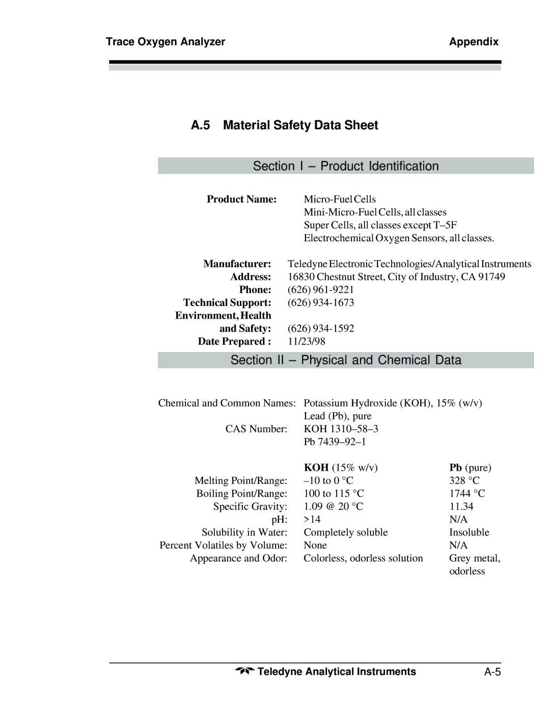 Teledyne 3300TB operating instructions Material Safety Data Sheet 