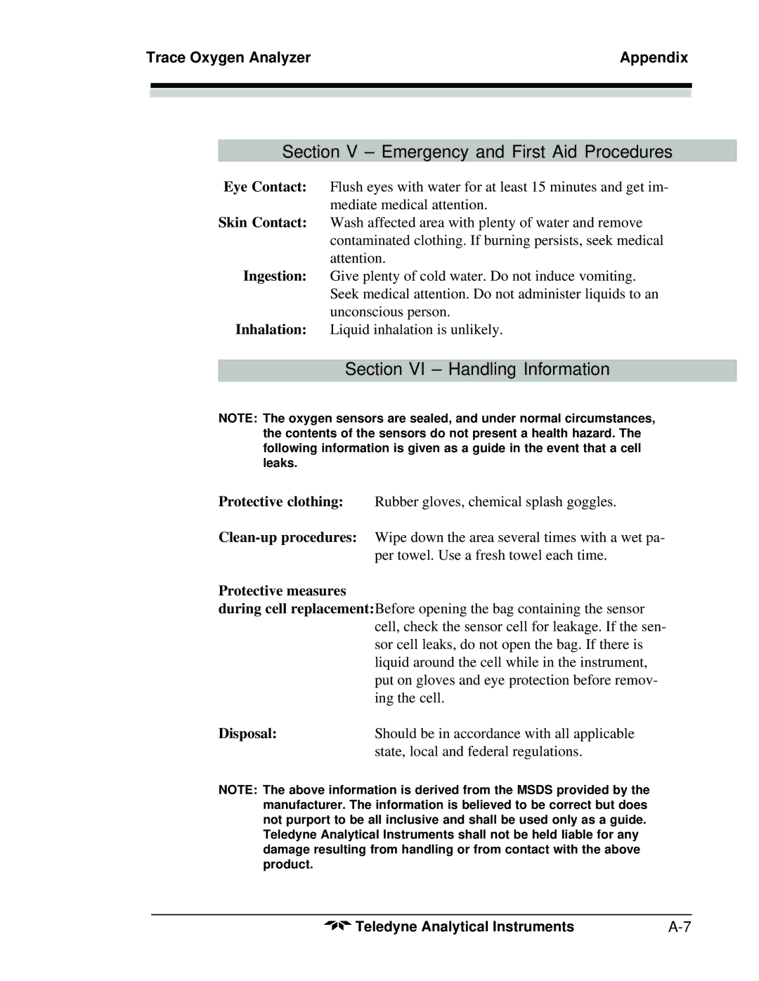 Teledyne 3300TB operating instructions Protective measures, Disposal 