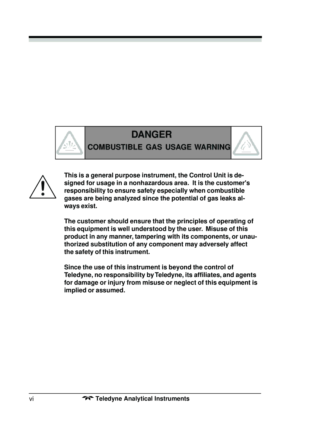 Teledyne 3300TB operating instructions Combustible GAS Usage Warning 