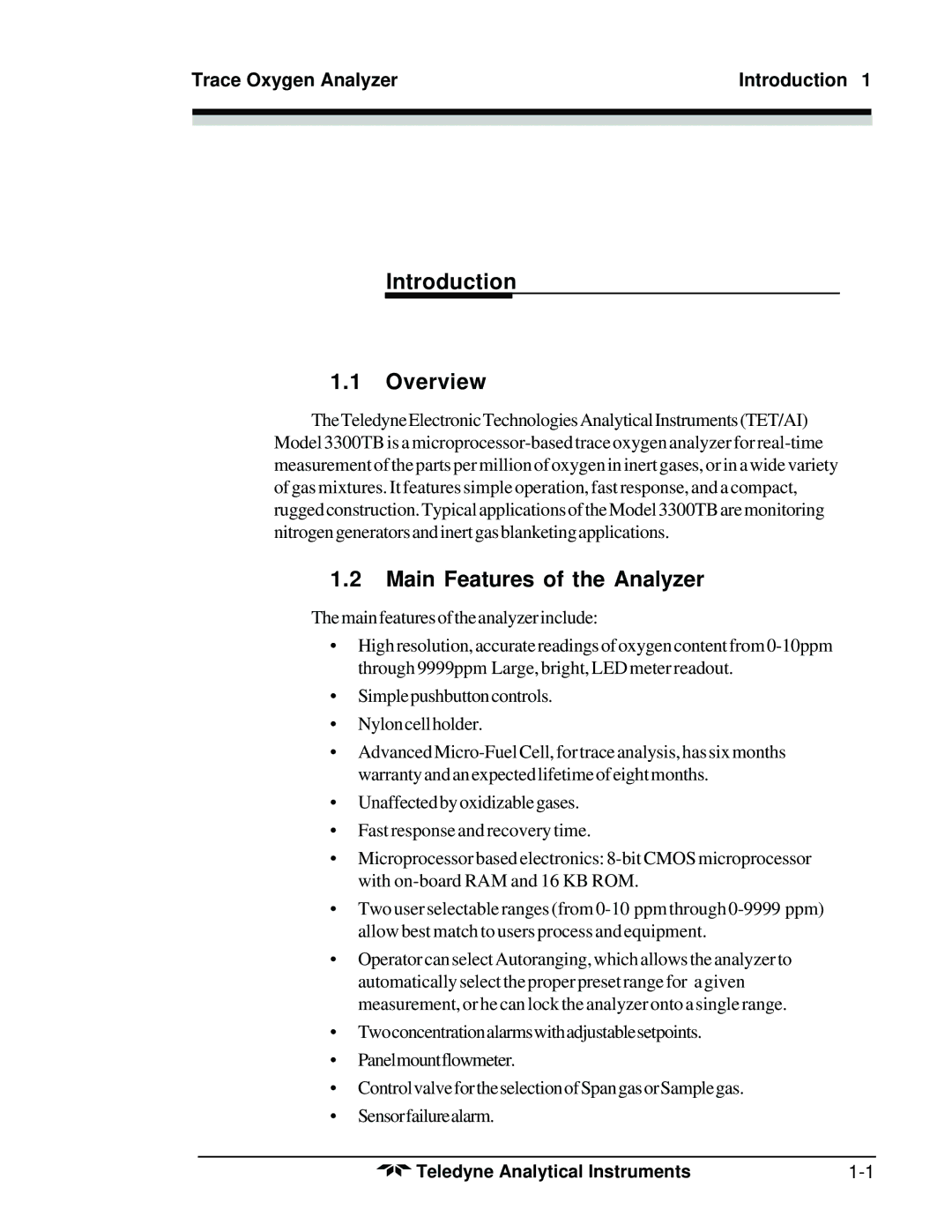 Teledyne 3300TB Introduction Overview, Main Features of the Analyzer, Trace Oxygen Analyzer Introduction 