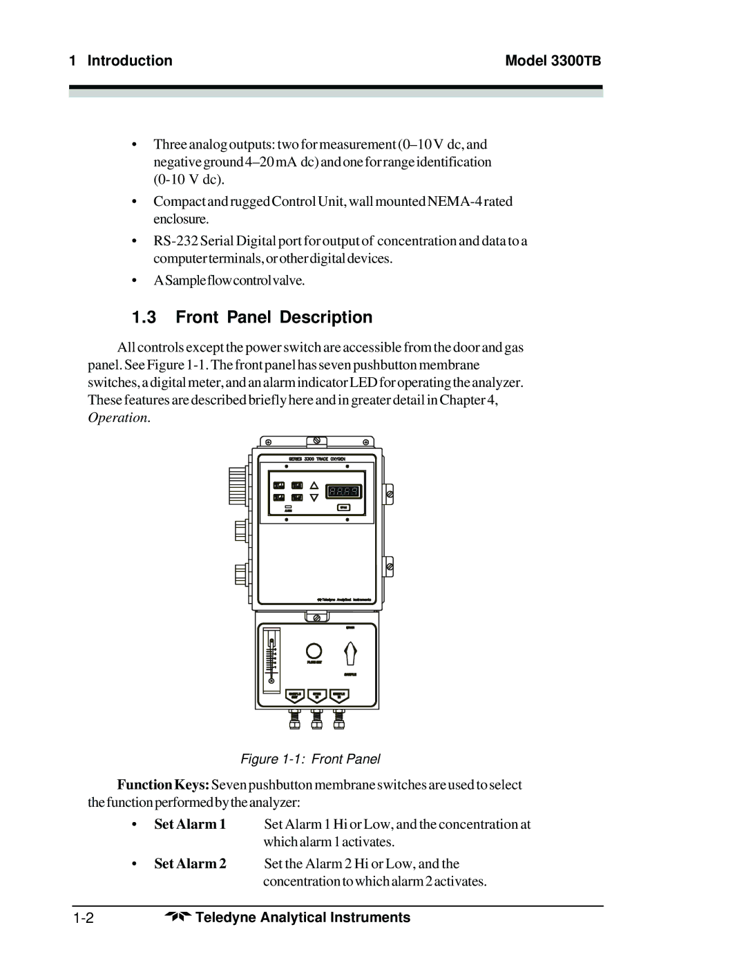 Teledyne operating instructions Front Panel Description, Introduction Model 3300TB, Set Alarm 