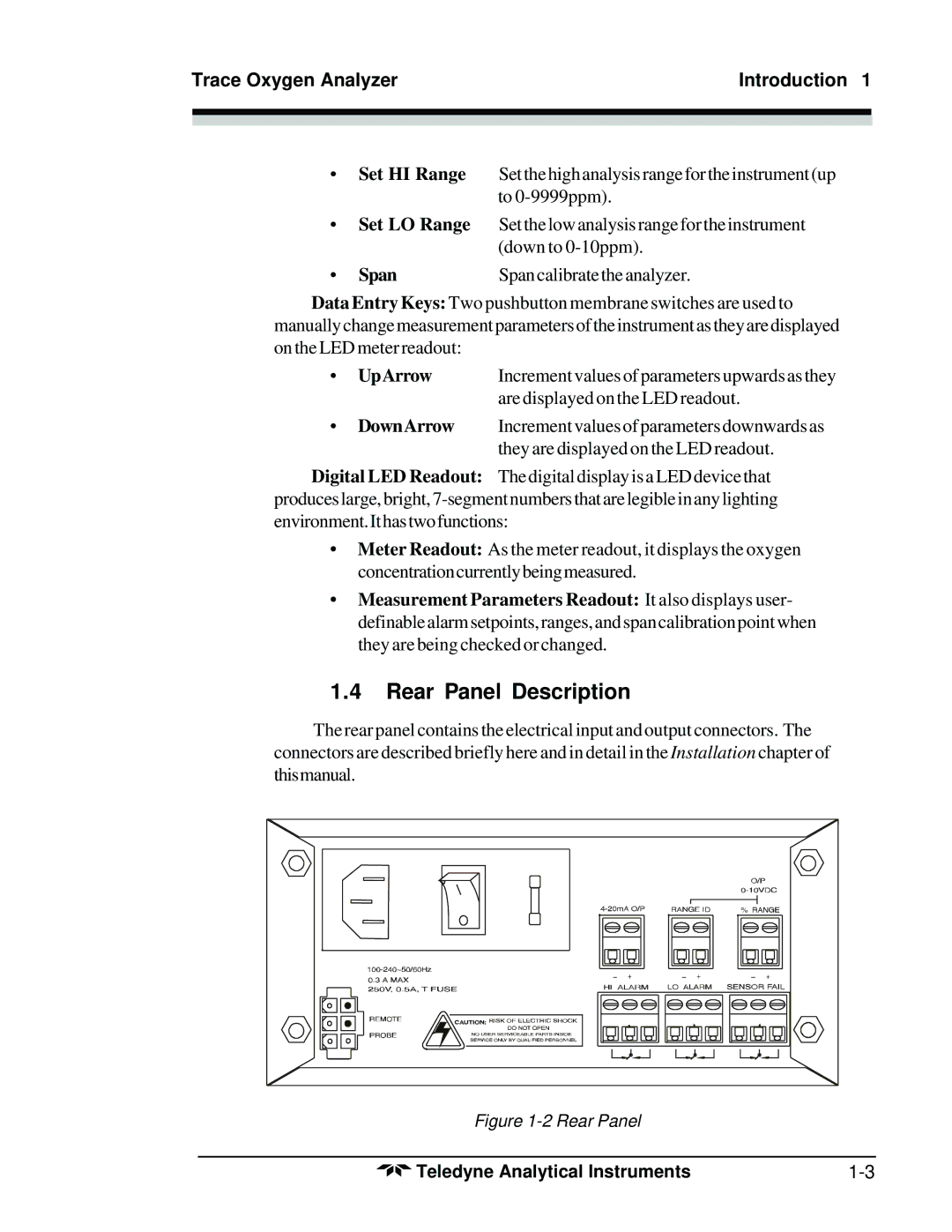 Teledyne 3300TB operating instructions Rear Panel Description 