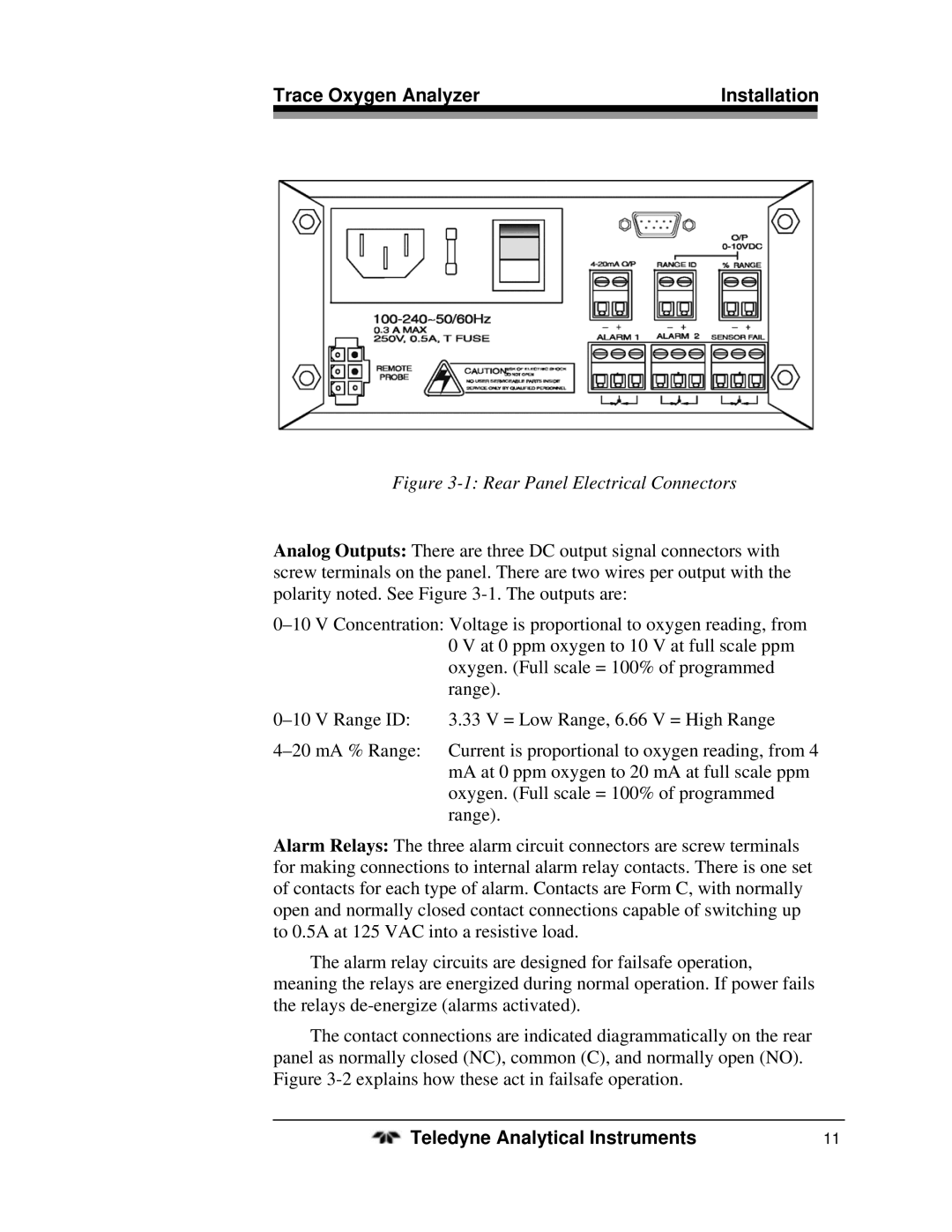 Teledyne 3300ZB operating instructions Rear Panel Electrical Connectors 