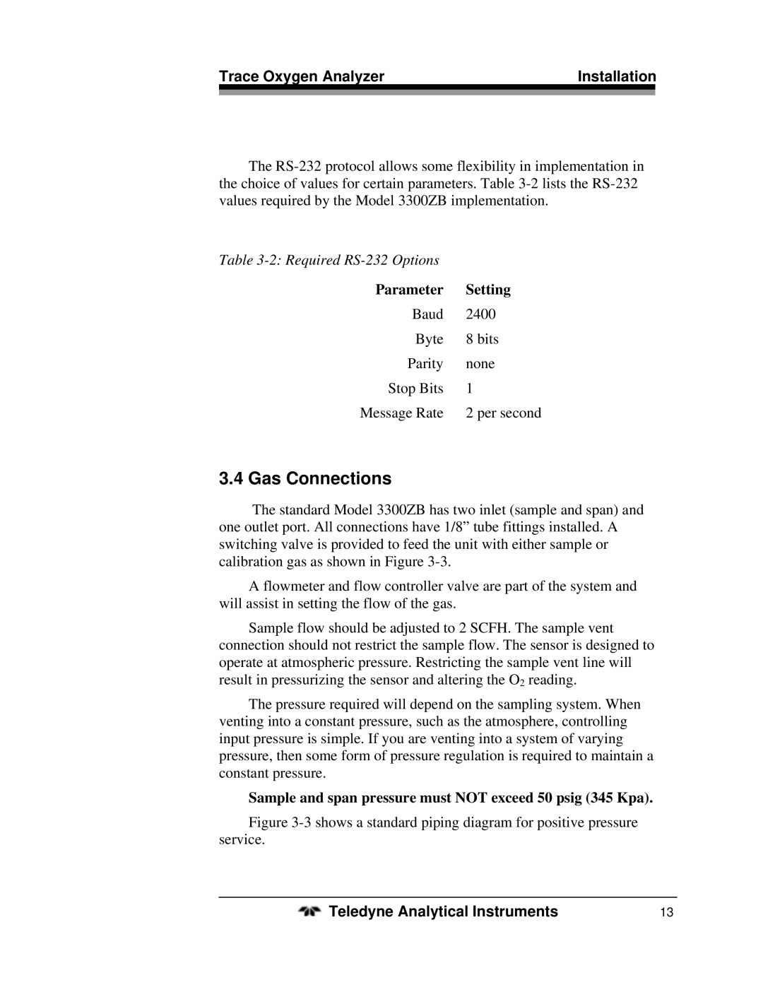 Teledyne 3300ZB operating instructions Gas Connections 