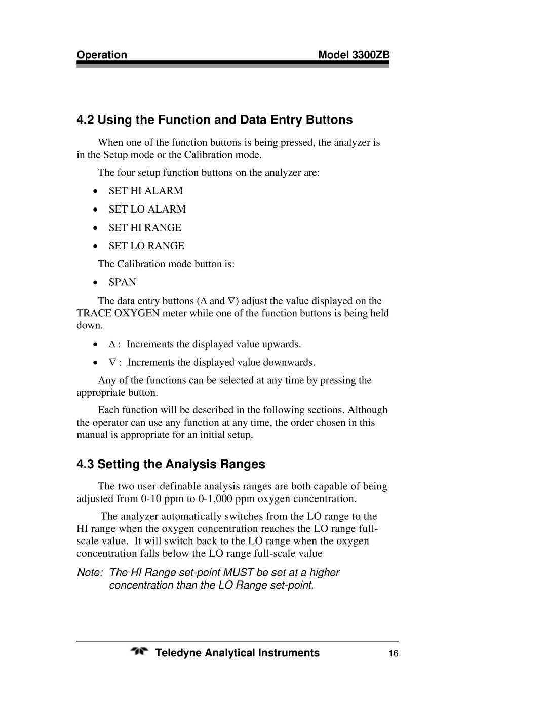 Teledyne 3300ZB operating instructions Using the Function and Data Entry Buttons, Setting the Analysis Ranges 