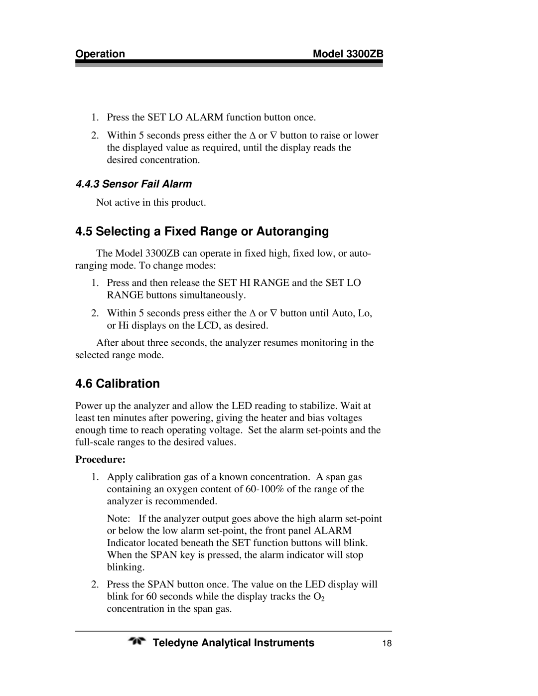 Teledyne 3300ZB operating instructions Selecting a Fixed Range or Autoranging, Calibration, Sensor Fail Alarm 