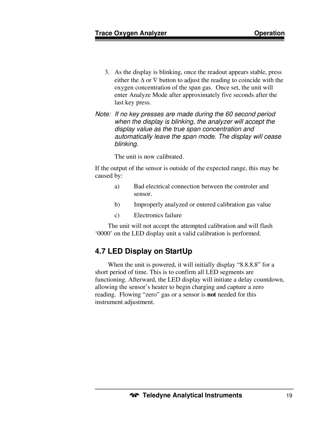 Teledyne 3300ZB operating instructions LED Display on StartUp 
