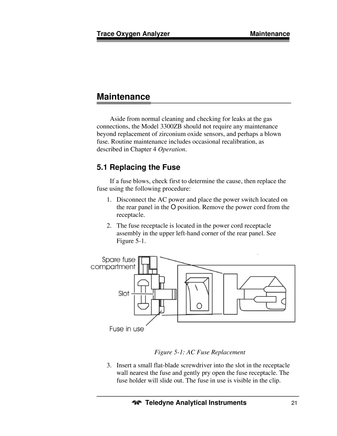 Teledyne 3300ZB operating instructions Maintenance, Replacing the Fuse 