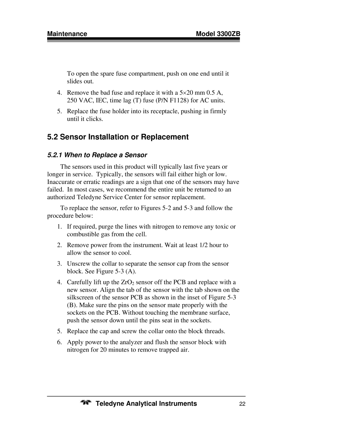 Teledyne 3300ZB operating instructions Sensor Installation or Replacement, When to Replace a Sensor 