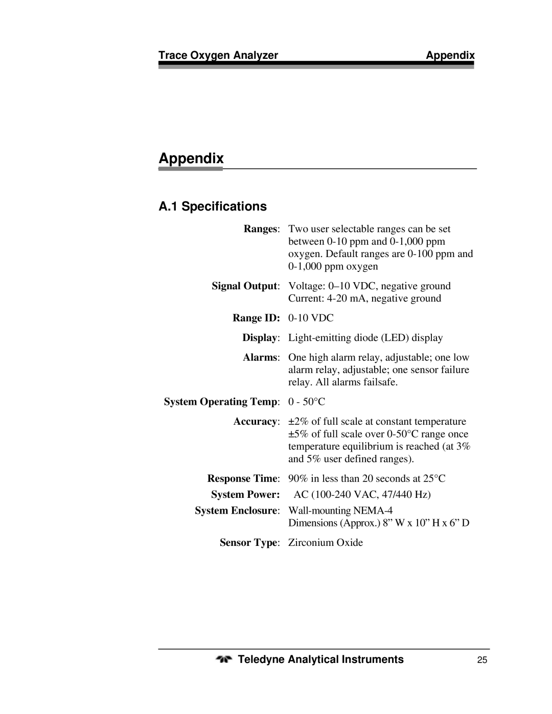 Teledyne 3300ZB operating instructions Appendix, Specifications 