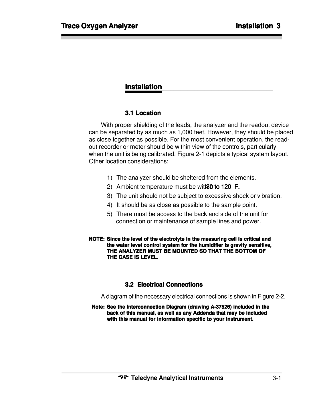 Teledyne 356WA instruction manual Trace Oxygen Analyzer Installation, Location, Electrical Connections 