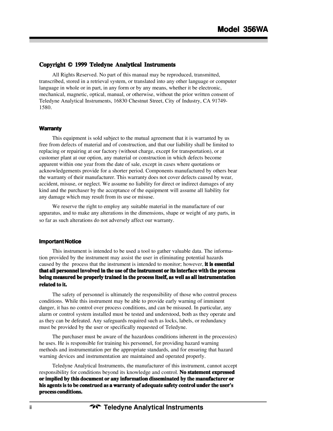 Teledyne instruction manual Model 356WA, Copyright 1999 Teledyne Analytical Instruments 