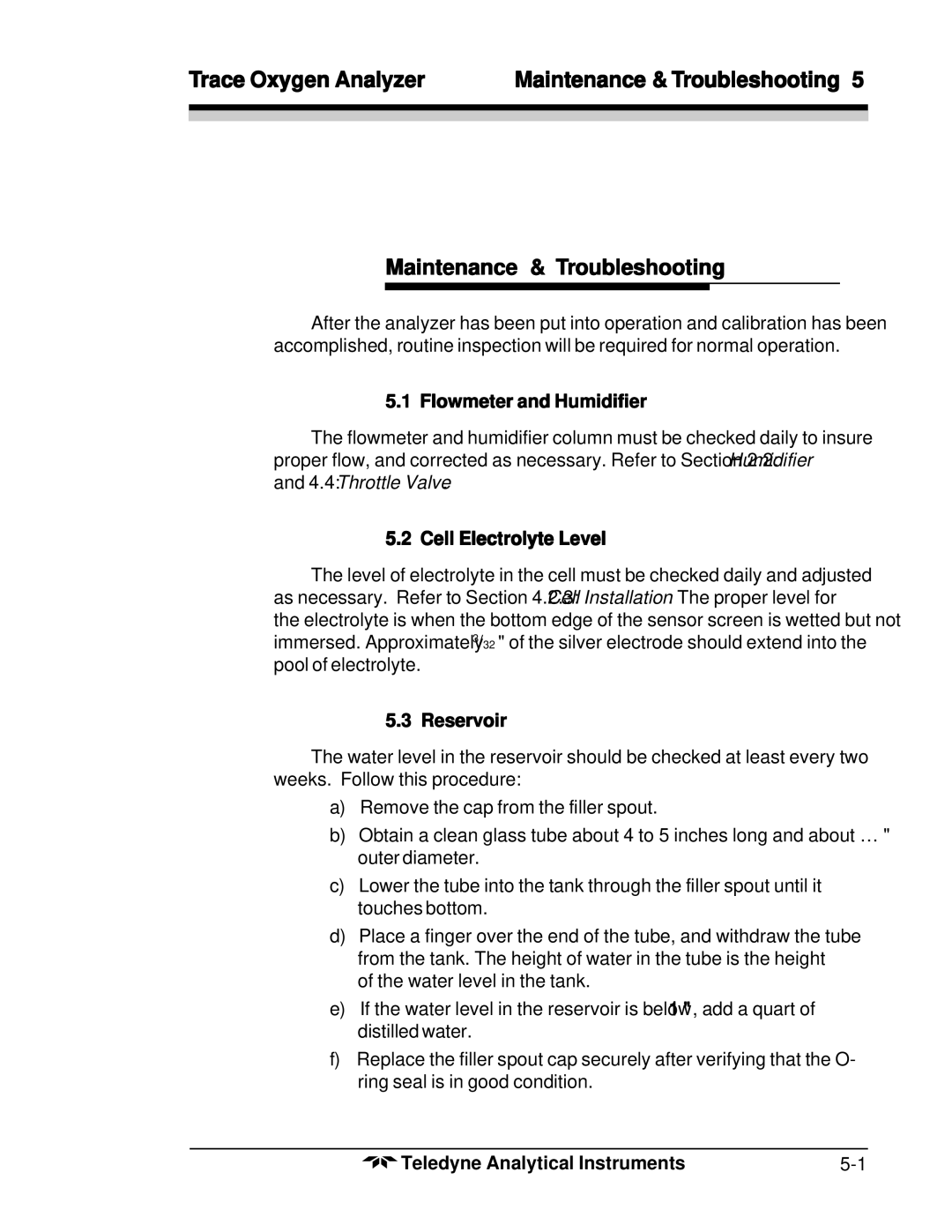 Teledyne 356WA instruction manual Flowmeter and Humidifier, Cell Electrolyte Level, Reservoir 