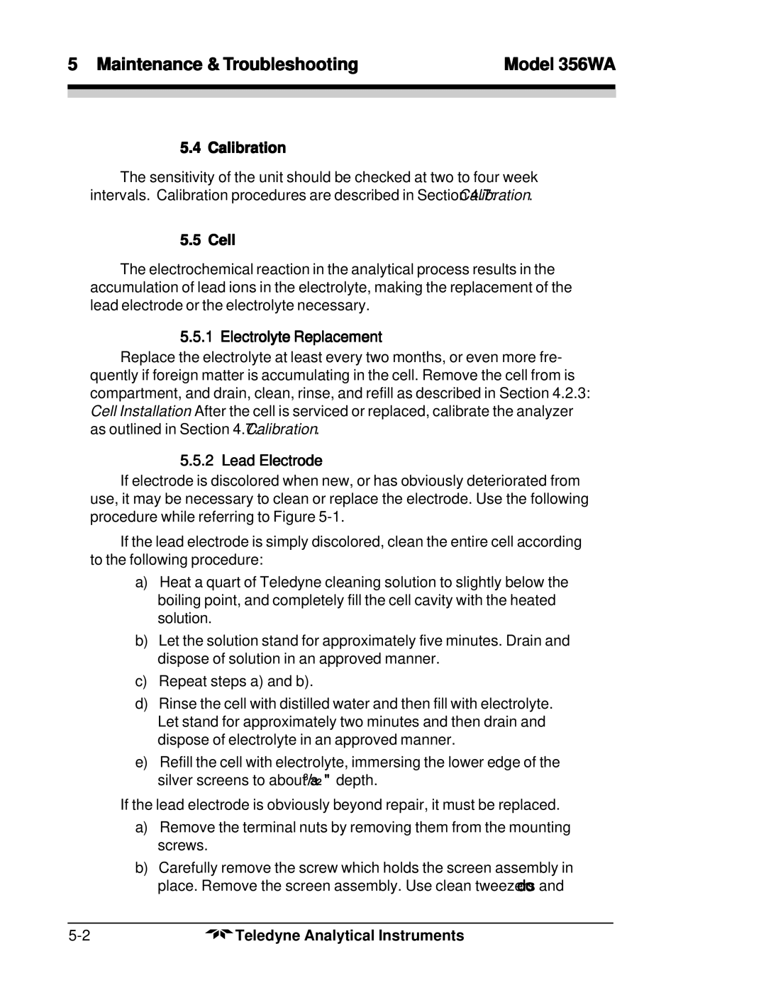 Teledyne 356WA instruction manual Cell, Electrolyte Replacement, Lead Electrode 