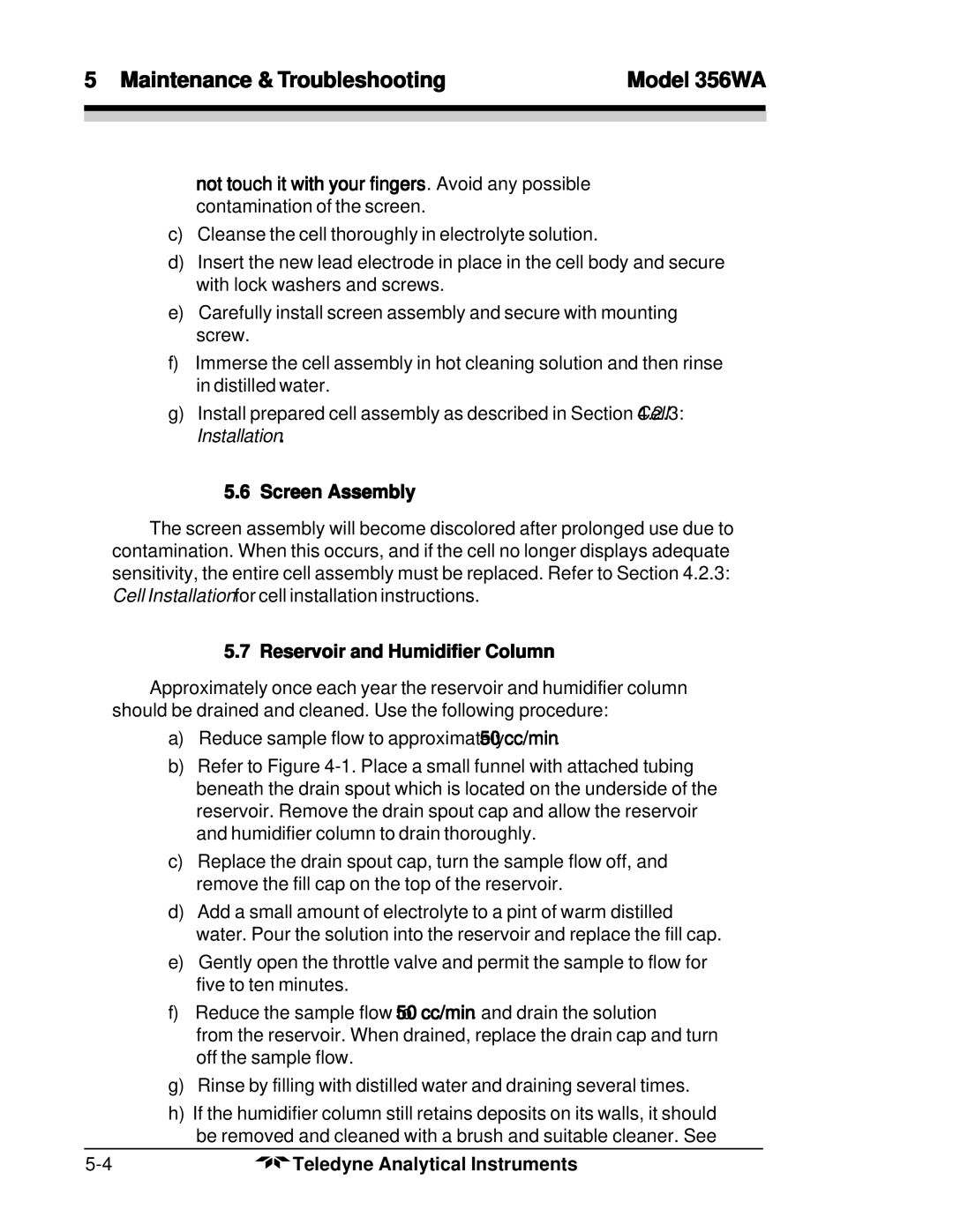 Teledyne 356WA instruction manual Screen Assembly, Reservoir and Humidifier Column 