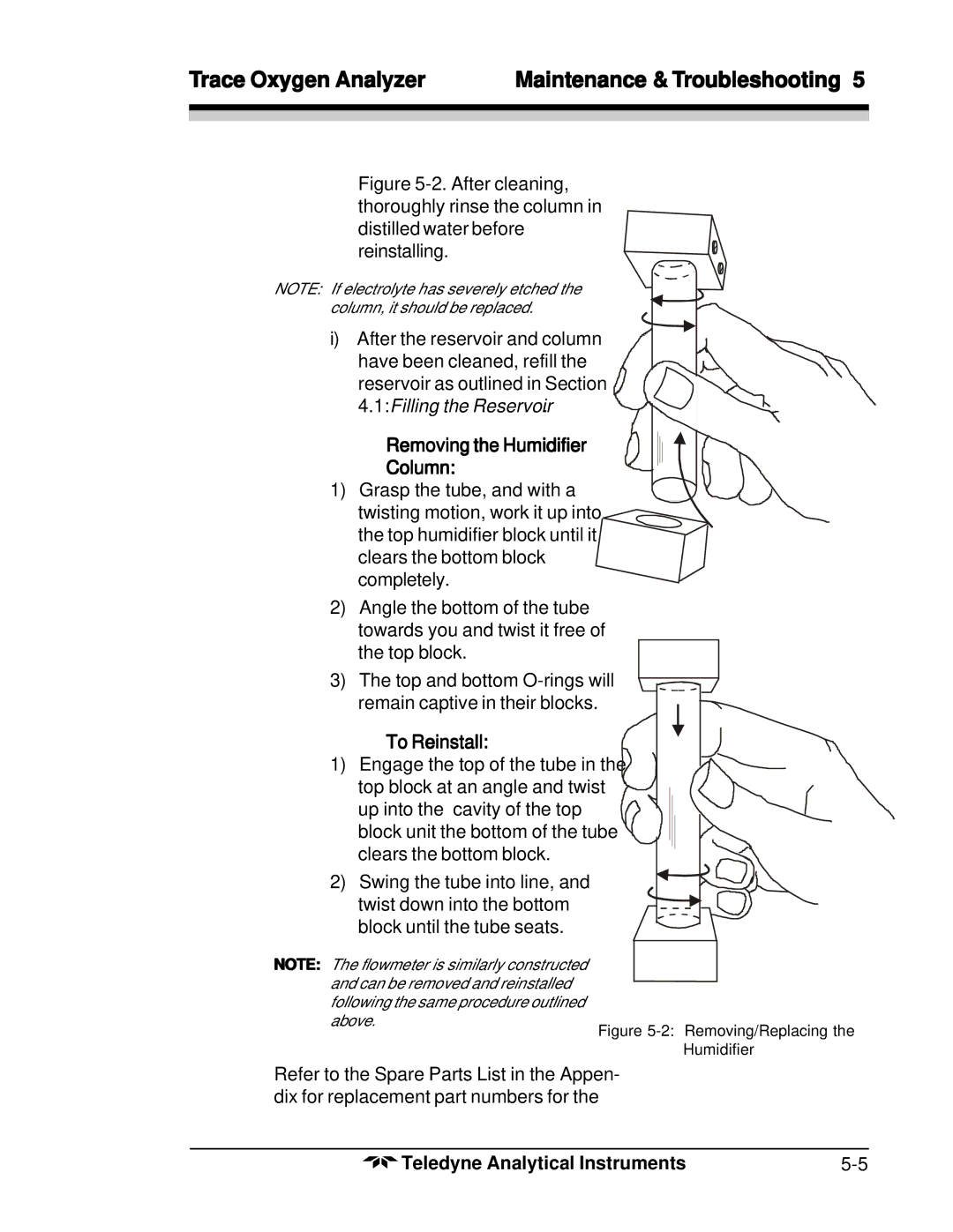 Teledyne 356WA instruction manual Removing the Humidifier Column, To Reinstall 