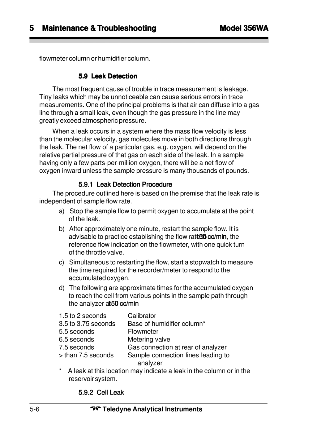 Teledyne 356WA instruction manual Leak Detection Procedure, Cell Leak 