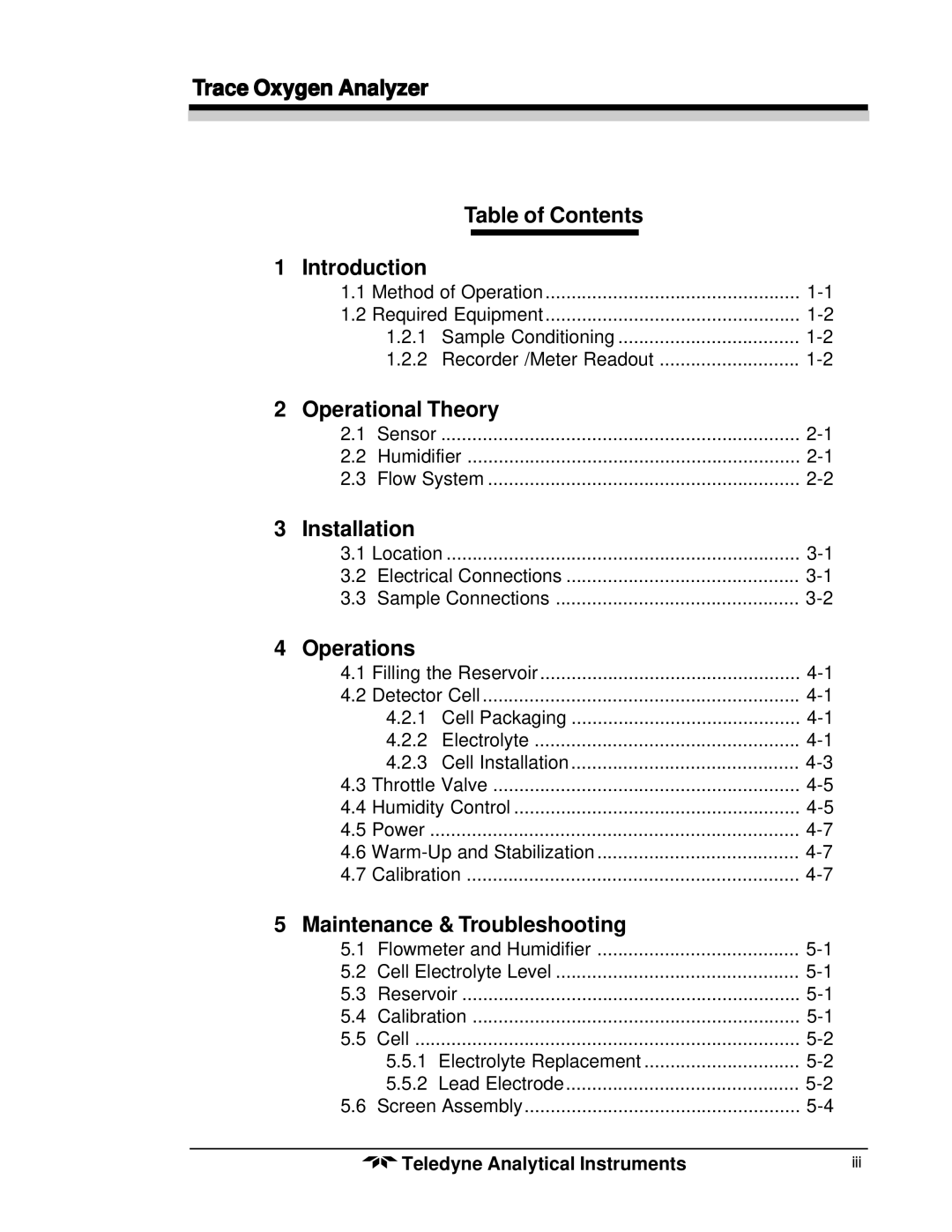 Teledyne 356WA Trace Oxygen Analyzer Table of Contents Introduction, Operational Theory, Installation, Operations 