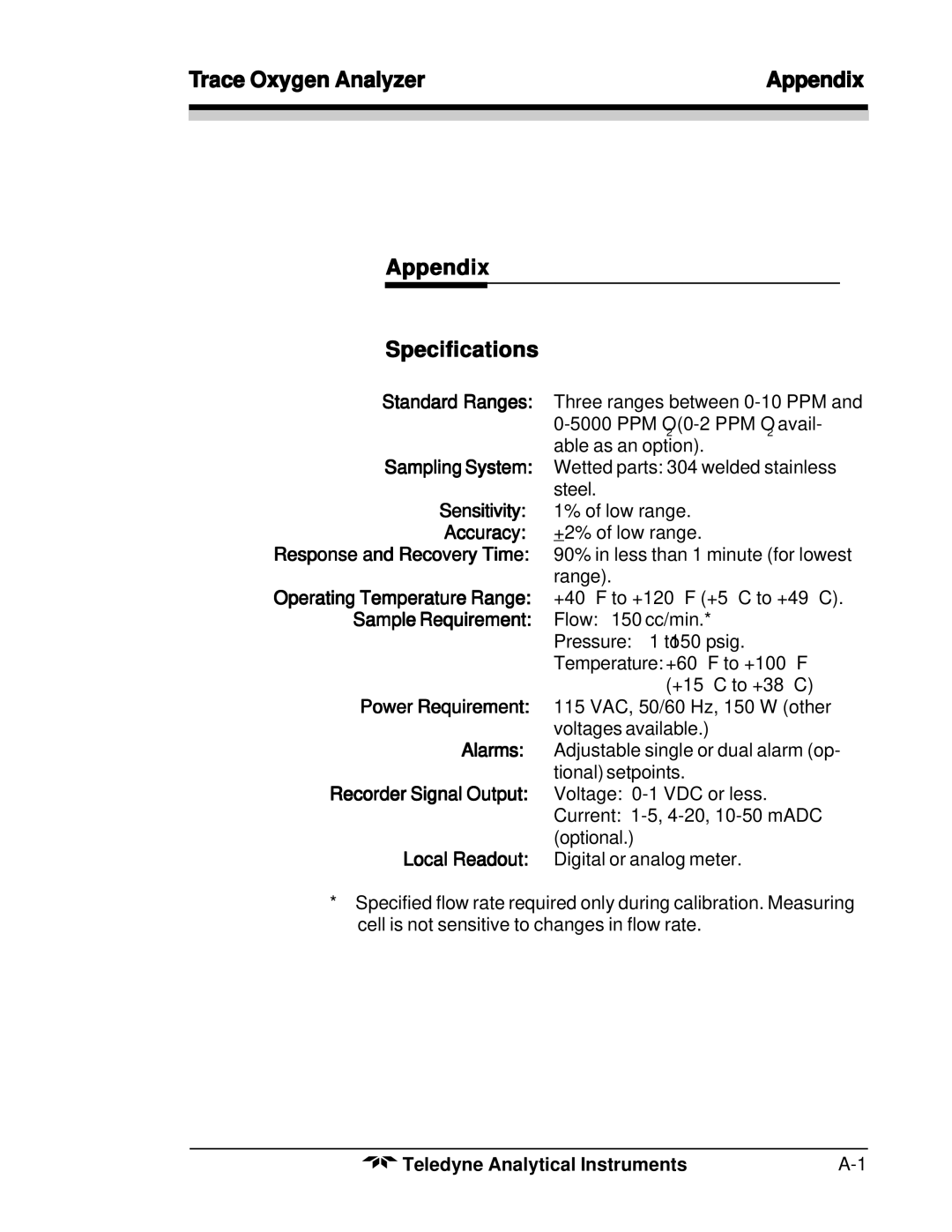 Teledyne 356WA instruction manual Trace Oxygen Analyzer Appendix Specifications 