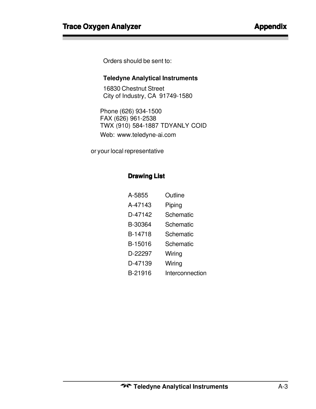 Teledyne 356WA instruction manual Trace Oxygen Analyzer Appendix, Drawing List 