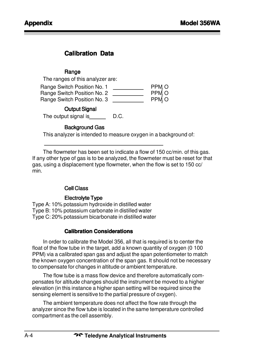 Teledyne 356WA instruction manual Calibration Data, Calibration Considerations 