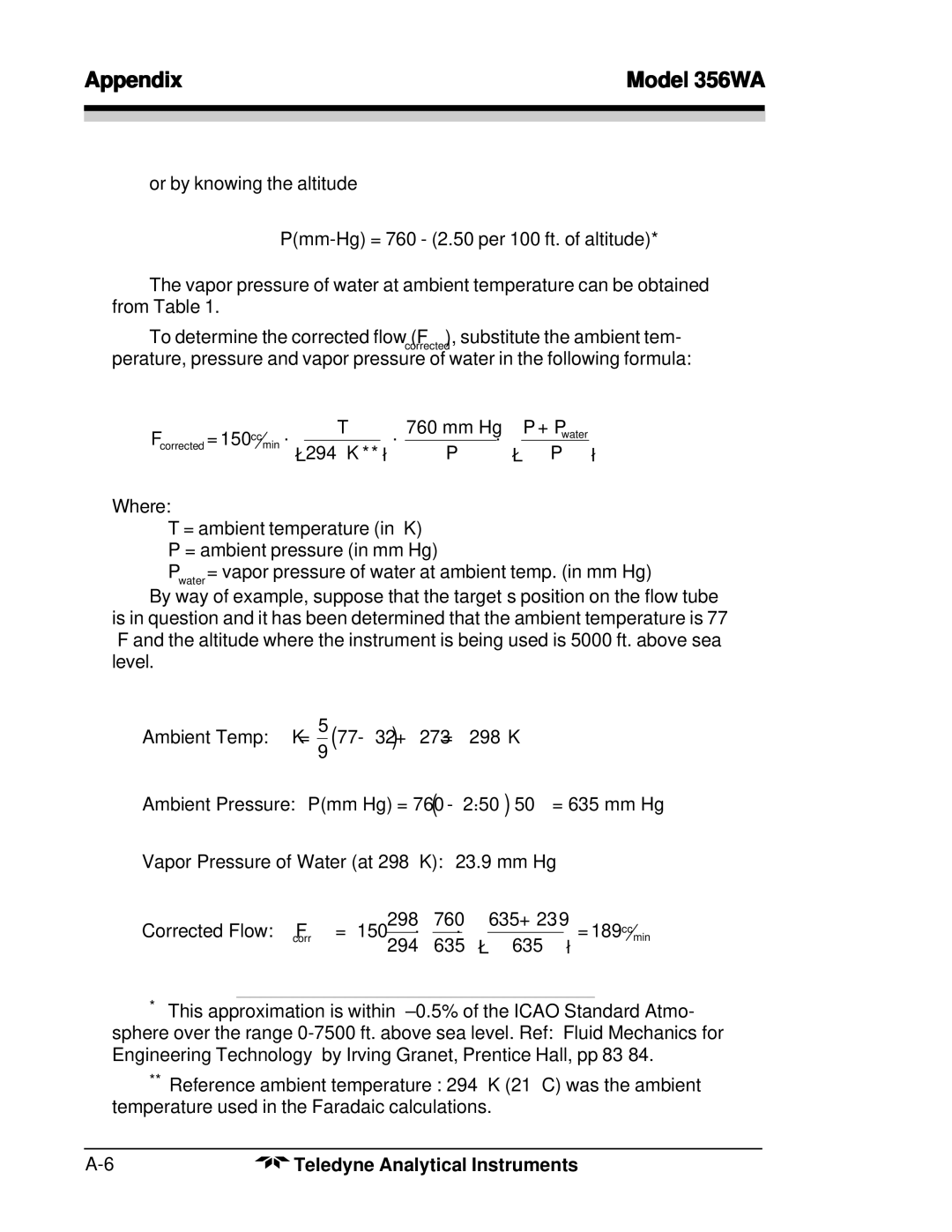 Teledyne 356WA instruction manual Pmm-Hg = 760 2.50 per 100 ft. of altitude 