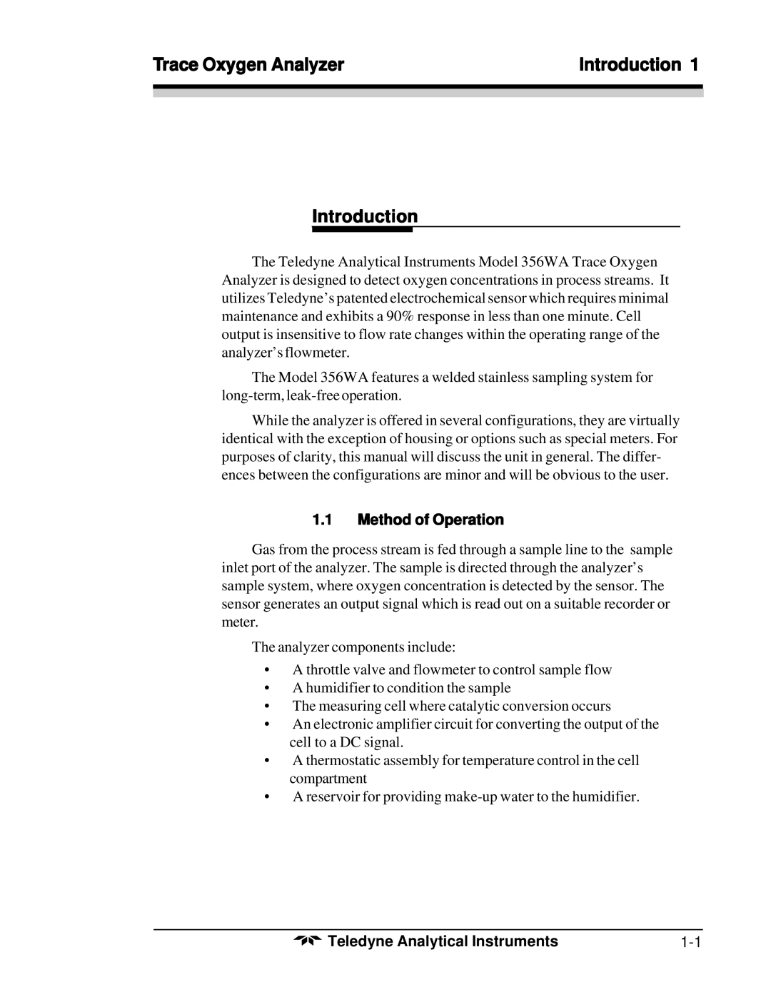 Teledyne 356WA instruction manual Trace Oxygen Analyzer Introduction, Method of Operation 