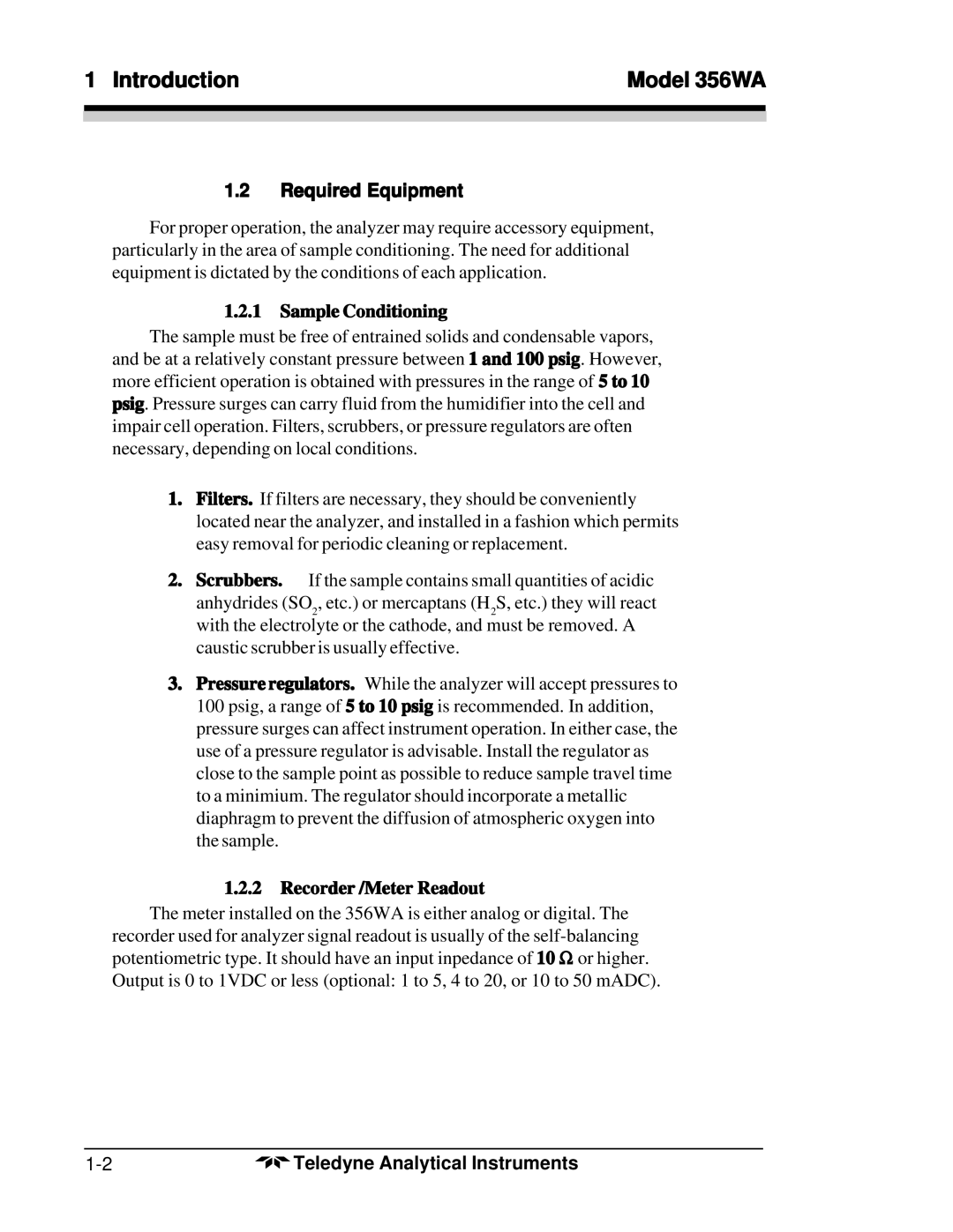 Teledyne 356WA instruction manual Required Equipment, Sample Conditioning, Recorder /Meter Readout 