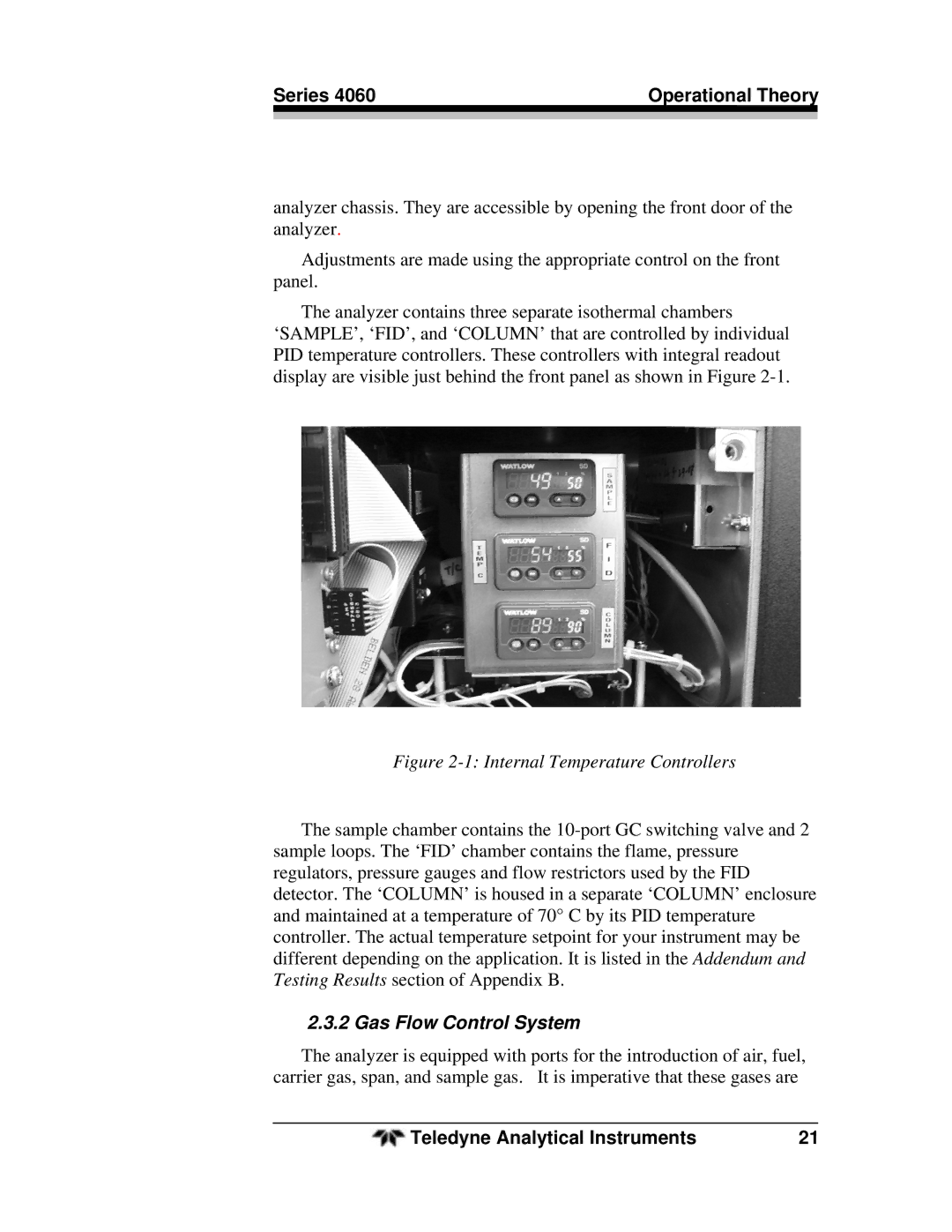 Teledyne 4060 manual Internal Temperature Controllers, Gas Flow Control System 