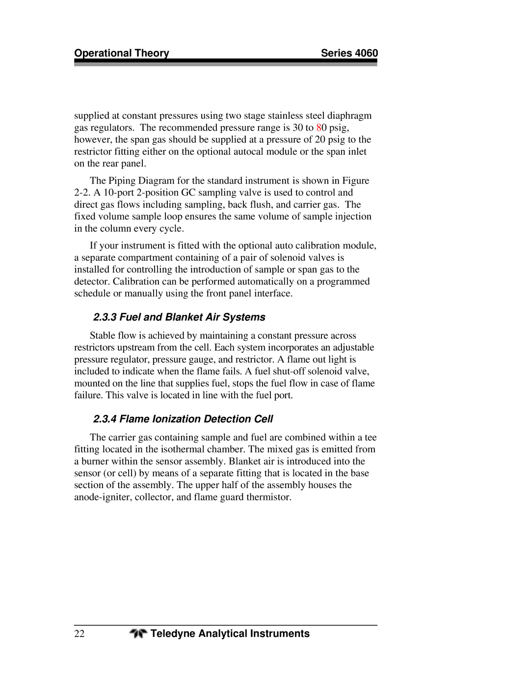 Teledyne 4060 manual Fuel and Blanket Air Systems, Flame Ionization Detection Cell 
