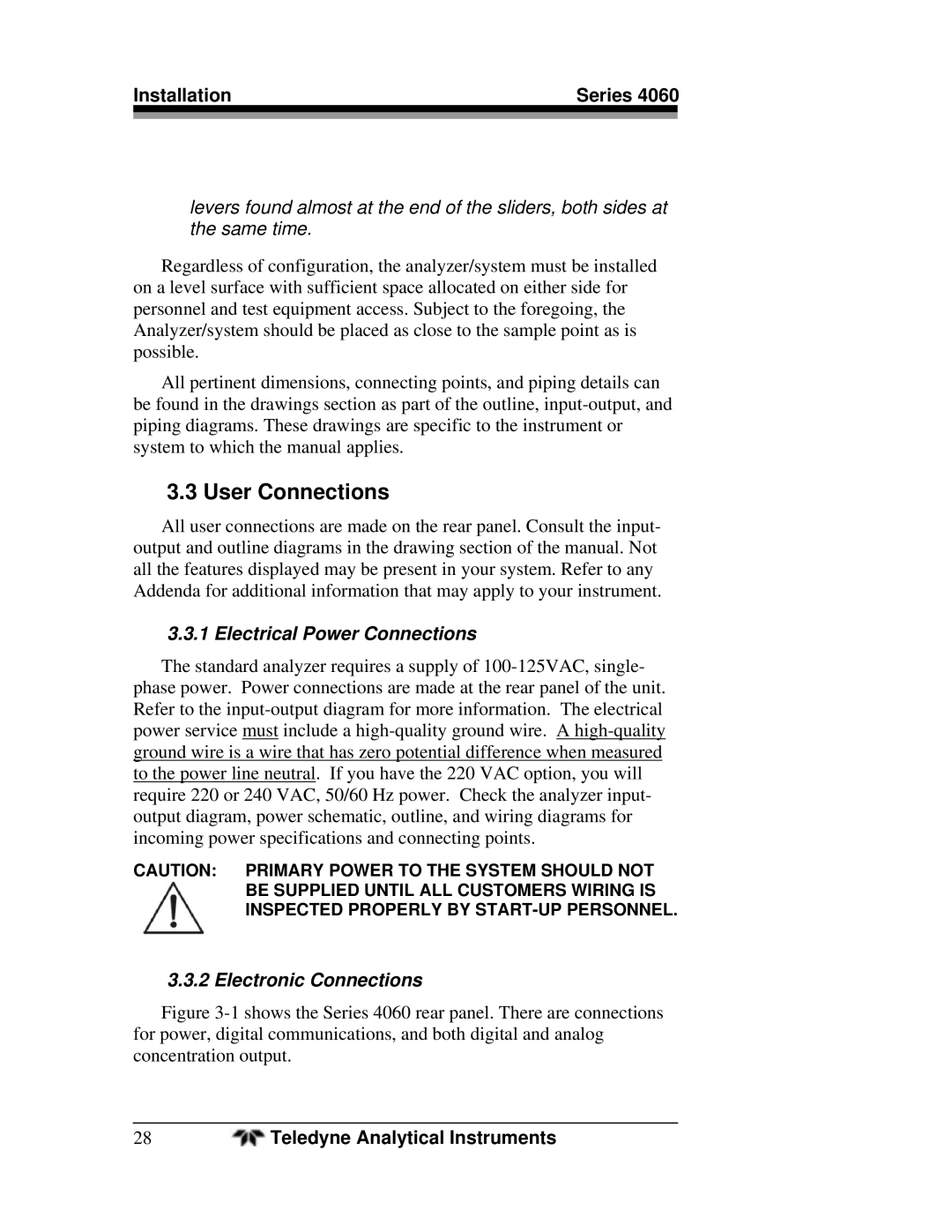 Teledyne 4060 manual User Connections, Installation Series, Electrical Power Connections, Electronic Connections 