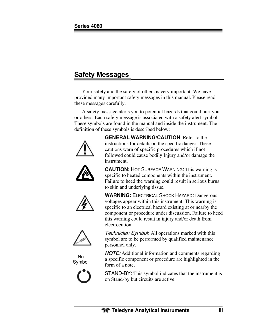 Teledyne 4060 manual Safety Messages, Teledyne Analytical Instruments Iii 