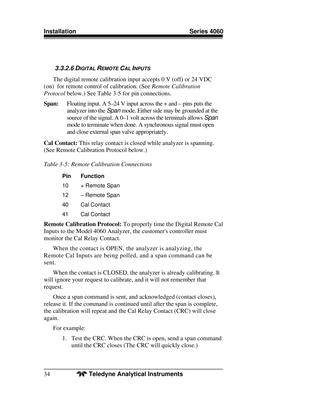 Teledyne 4060 manual Remote Calibration Connections 