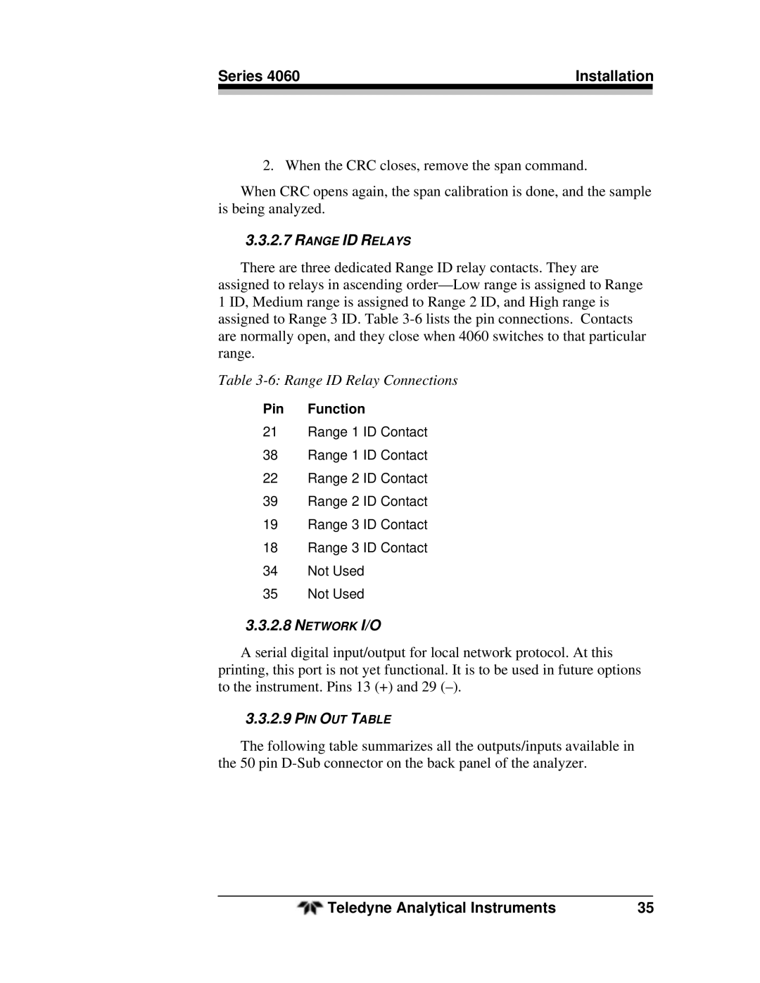 Teledyne 4060 manual Range ID Relay Connections 