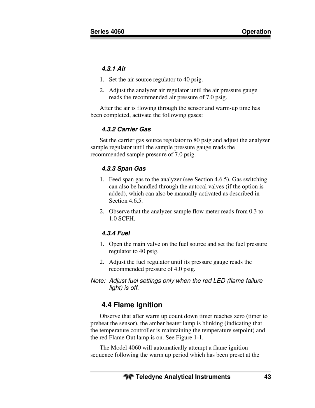 Teledyne 4060 manual Flame Ignition, 1 Air, Carrier Gas, Span Gas, Fuel 
