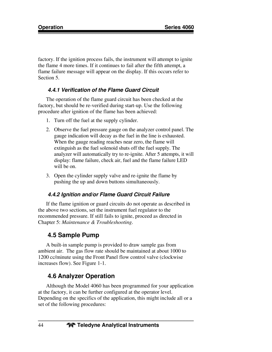 Teledyne 4060 manual Sample Pump, Analyzer Operation, Verification of the Flame Guard Circuit 