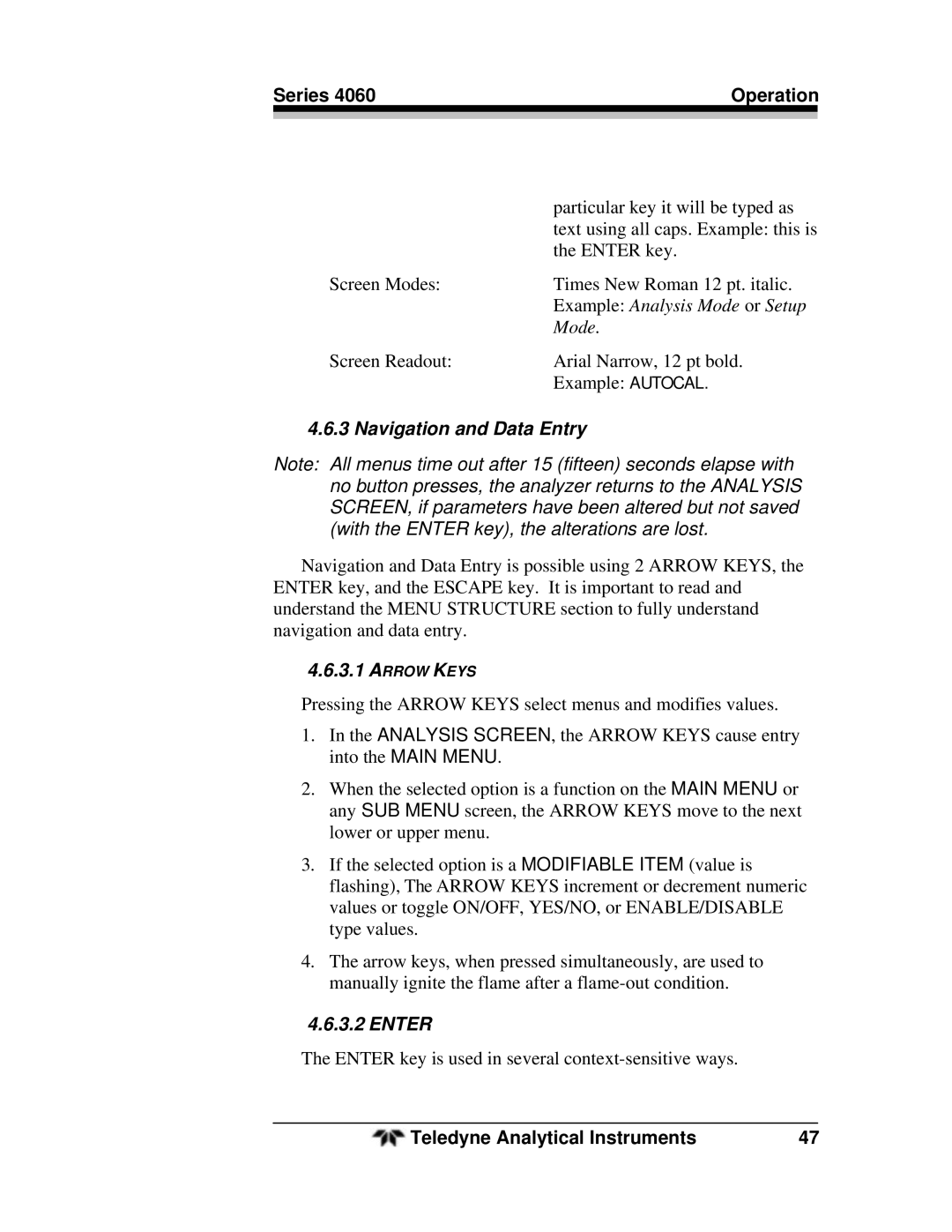 Teledyne 4060 manual Navigation and Data Entry, Enter 