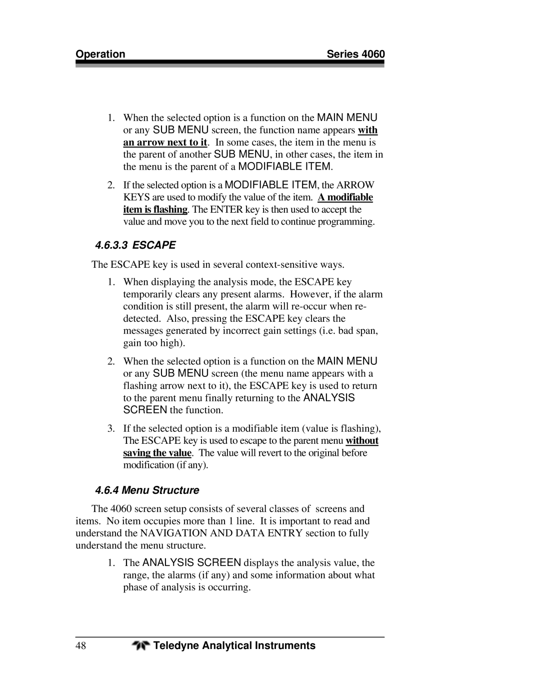 Teledyne 4060 manual Escape, Menu Structure 