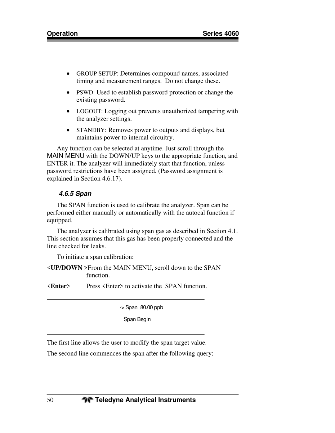 Teledyne 4060 manual Span 