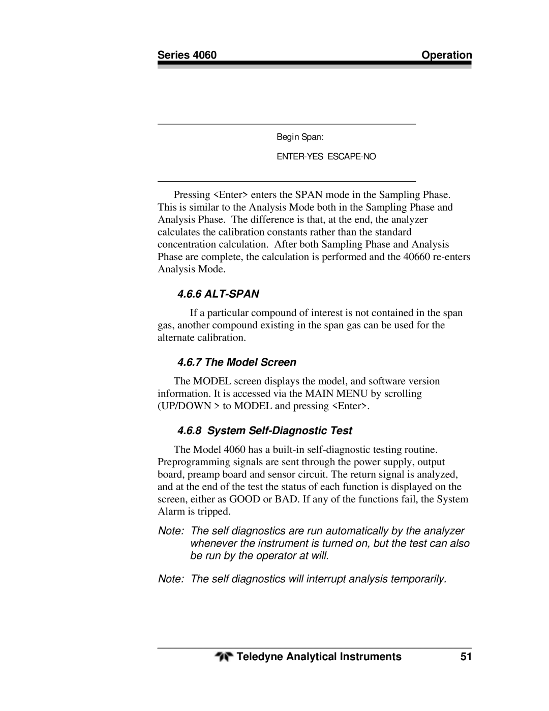 Teledyne 4060 manual Alt-Span, Model Screen, System Self-Diagnostic Test 