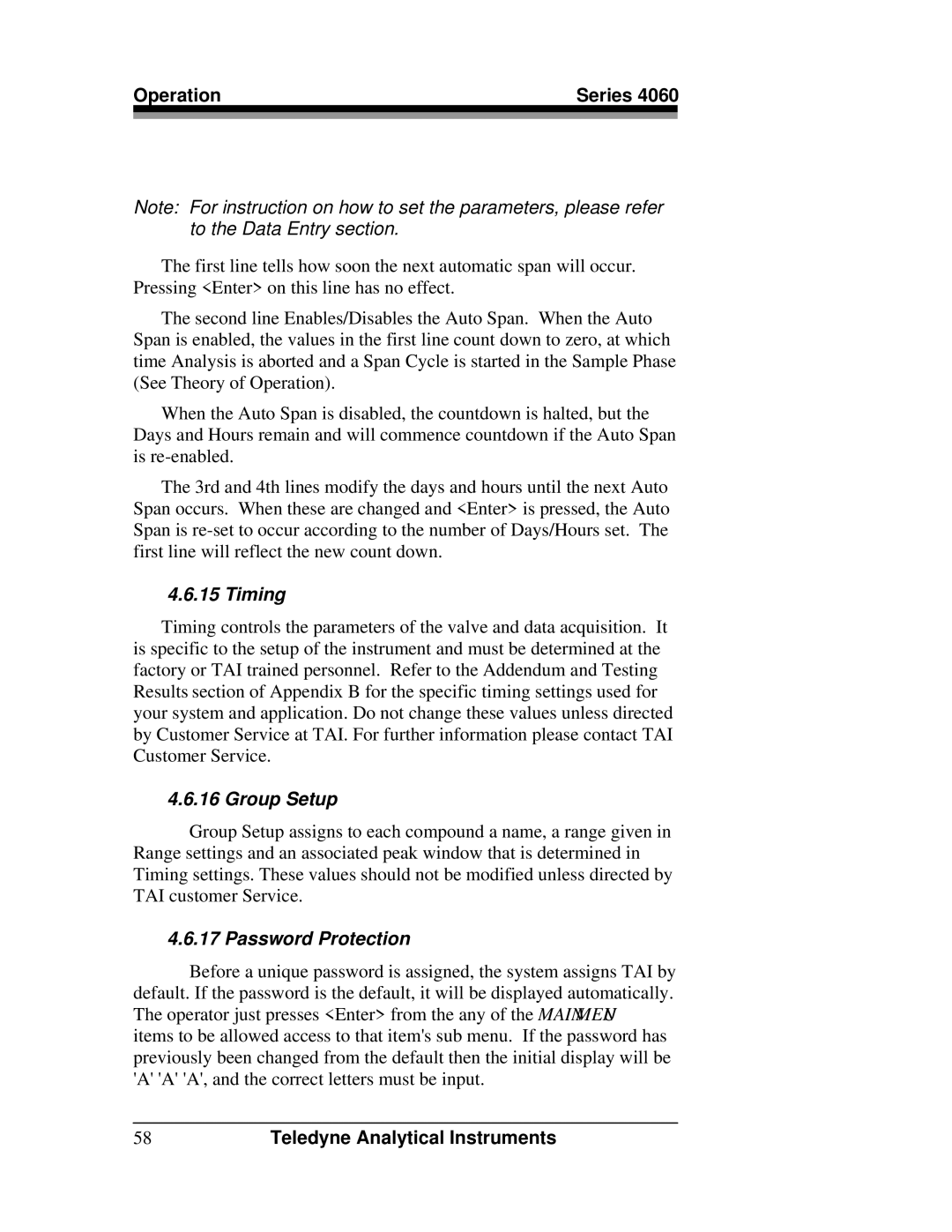 Teledyne 4060 manual Timing, Group Setup, Password Protection 