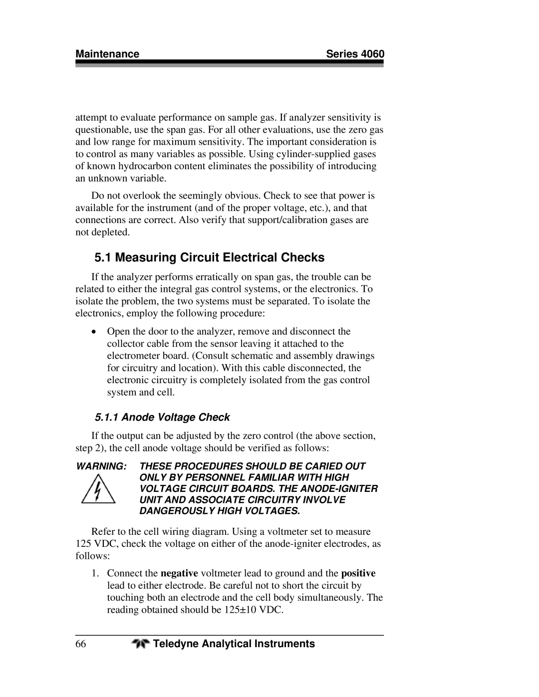 Teledyne 4060 manual Measuring Circuit Electrical Checks, Maintenance Series, Anode Voltage Check 