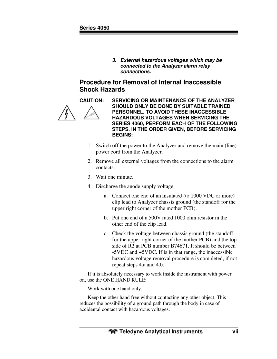 Teledyne 4060 manual Procedure for Removal of Internal Inaccessible Shock Hazards, Teledyne Analytical Instruments Vii 