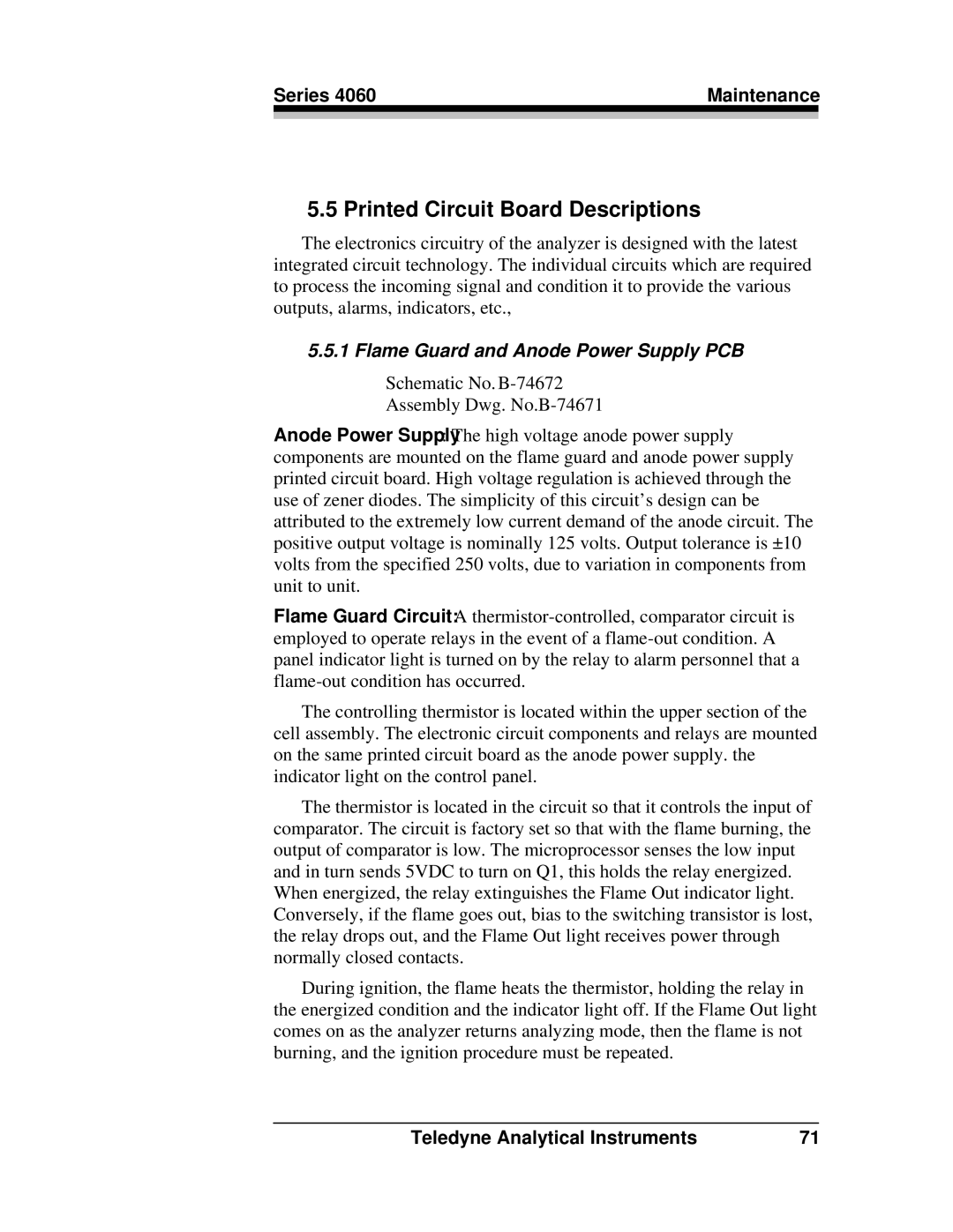 Teledyne 4060 manual Printed Circuit Board Descriptions, Flame Guard and Anode Power Supply PCB 