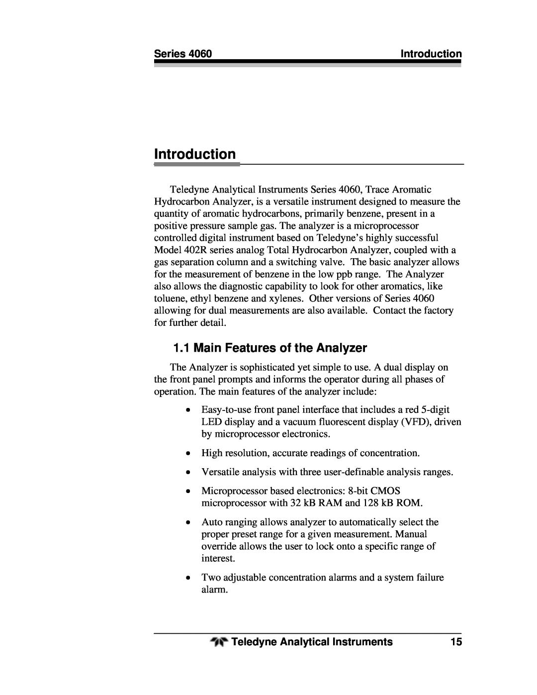 Teledyne 4060 manual Introduction, Main Features of the Analyzer 